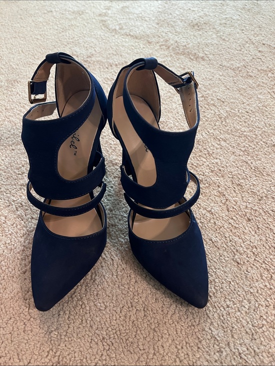 Bonnibel Shoes - Bonnibel Navy Pointed-Toe Triple-Strap Heels
